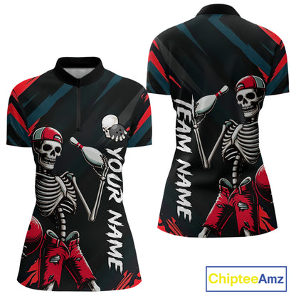 Custom Red Skull Bowling Team Shirt for Women Polo & 1/4 Zip Bowling League Jersey Bowling Gift QZT794