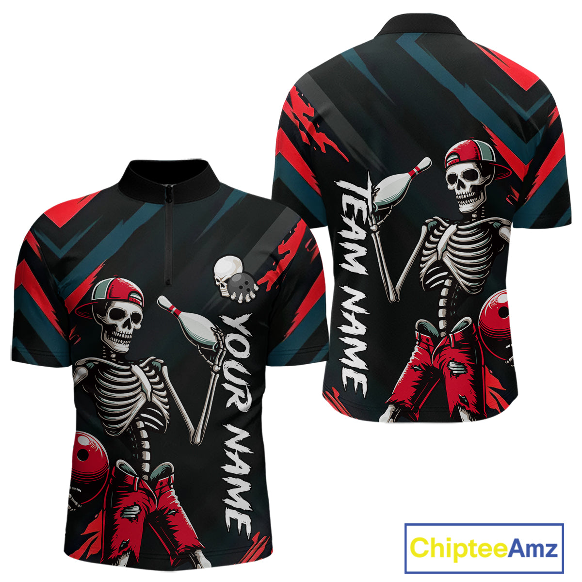 Custom Red Skull Bowling Team Shirt for Men Polo & 1/4 Zip Bowling League Jersey Bowling Unisex QZT794