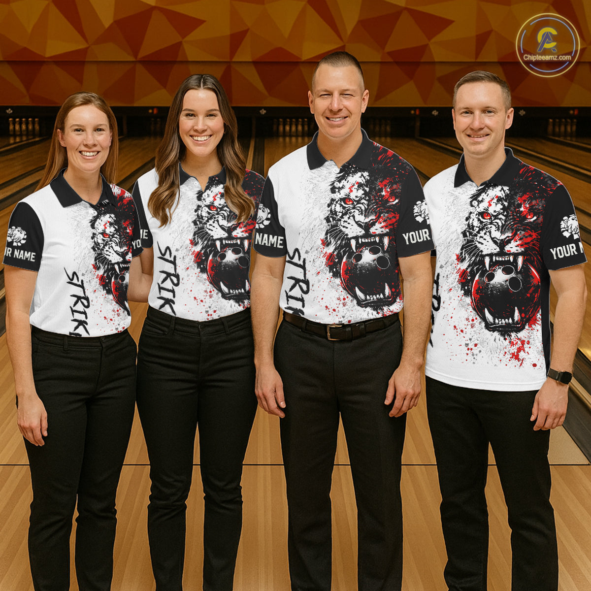 Custom Red & White Tiger Bowling Team Jersey for Women Bowling Shirt Polo & 1/4 Zip Bowling Outfit QZT841