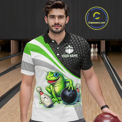 Personalized Funny Green Frog Bowling Shirt Ugly Bowling Jersey Unisex Polo for Men QZT845