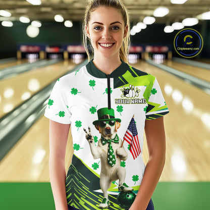 Custom Green Funny Golden Retriever Dog Bowling Shirt Samrock Pattern Bowling St. Patrick Day for Women QZT936