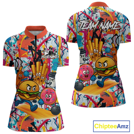 Custom Graffiti Funny Fast Food Bowling Shirt Bowling Team Jersey for Women Bowling Outfit QZT798