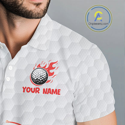 Funny Mens Golf Polo Shirt Custom Orange And White Fire Flame Hot Dog Pattern White Golf Shirts NHN0001