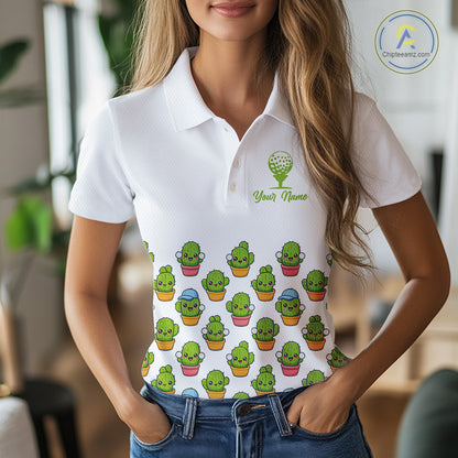 Personalized Funny Cactus Flower Pattern Womens Golf Polo Shirts Custom Cactus Golf Shirt Golfer Gift NHN0013