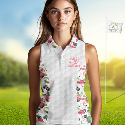 Womens Sleeveless Golf Polo Shirt Floral Flamingo Pattern Tropical Leaves Custom Team Golf Polo NHN0021