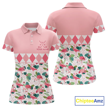 Flamingo Argyle Pattern Womens Golf Polo Shirt Funny Floral Custom Golf Shirt Unique Golfer Gift Apparel NHN0022