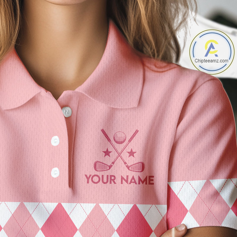 Flamingo Argyle Pattern Womens Golf Polo Shirt Funny Floral Custom Golf Shirt Unique Golfer Gift Apparel NHN0022