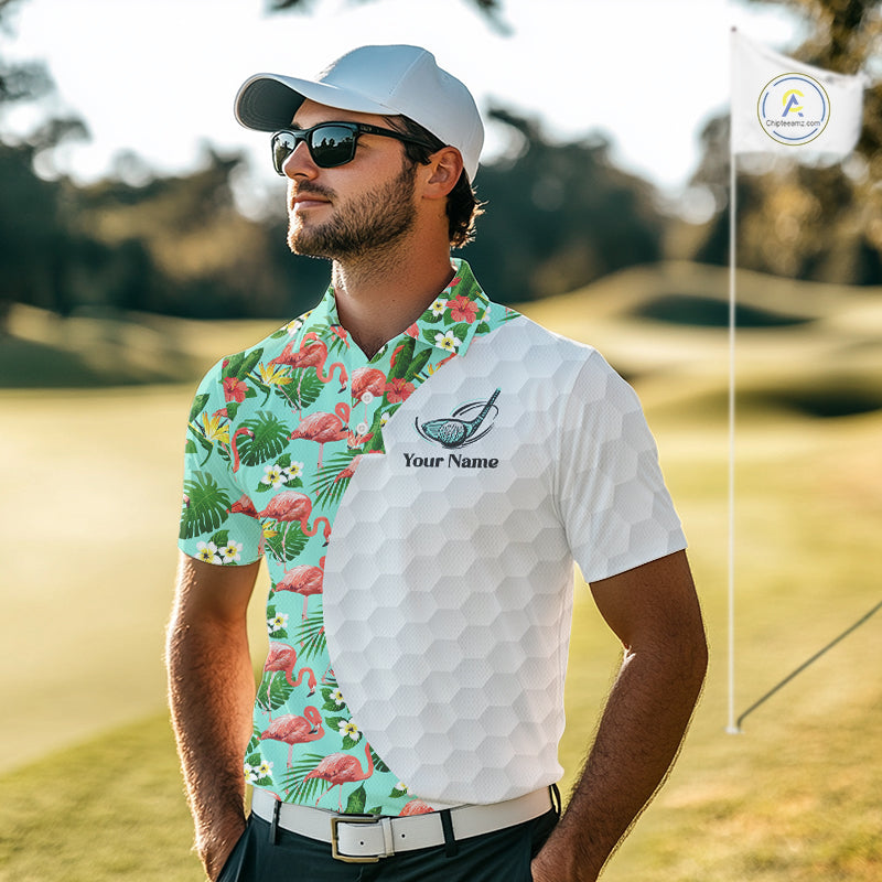 Custom Mens Golf Polo Shirt Green Tropical Pink Flamingo Pattern Personalized Team Golf Top NHN0023