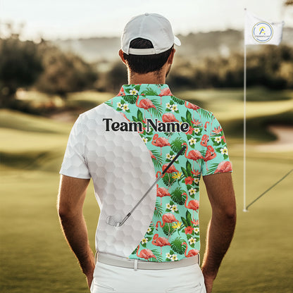 Custom Mens Golf Polo Shirt Green Tropical Pink Flamingo Pattern Personalized Team Golf Top NHN0023