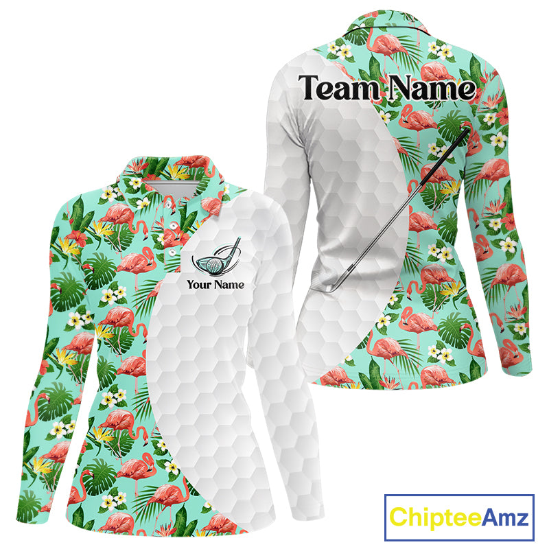 Womens Long Sleeve Golf Polos Shirts Custom Green Tropical Flamingo Pattern Personalized Golf Gifts NHN0023