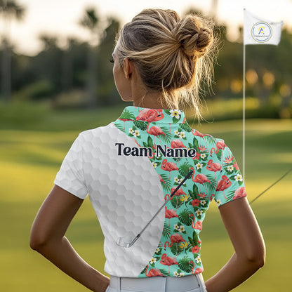 Custom Womens Golf Polo Shirt, Green Tropical Pink Flamingo Pattern Personalized Ladies Golf Top NHN0023
