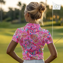 Load image into Gallery viewer, Pink Paisley Pattern Womens Golf Polo Shirt Custom Tropical Golf Attire For Ladies, Golf Gifts NHN0149