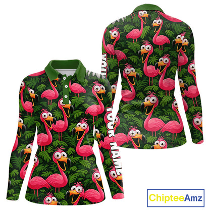 Tropical Flamingo Pattern Womens Long Sleeve Golf Polo Shirts Custom Funny Team Ladies Golf Tops NHN0162