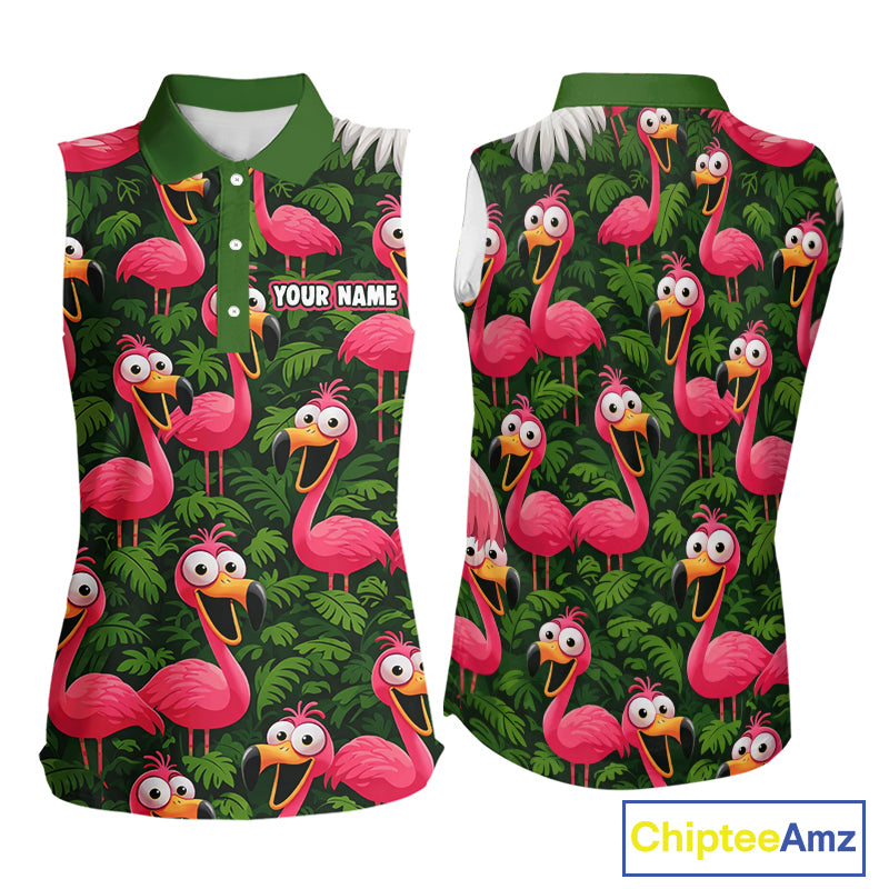 Tropical Flamingo Pattern Womens Sleeveless Golf Polo Shirts Custom Funny Team Ladies Golf Tops NHN0162