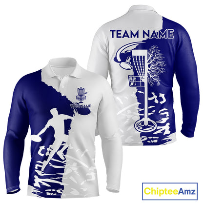 Mens Disc Golf Polo Shirt Custom Name White And Blue Disc Golf Basket Personalized Disc Golf Shirts NHN0033