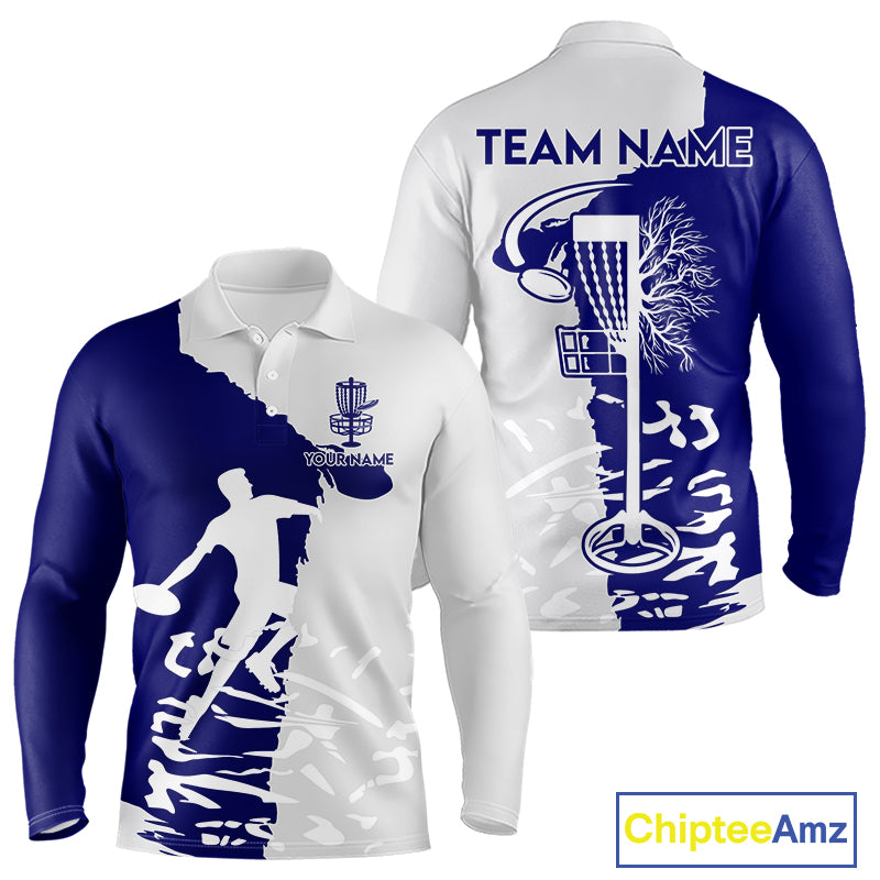 Mens Long Sleeve Disc Golf Polo Shirt Custom Name White And Blue Disc Golf Basket Disc Golf Shirts NHN0033