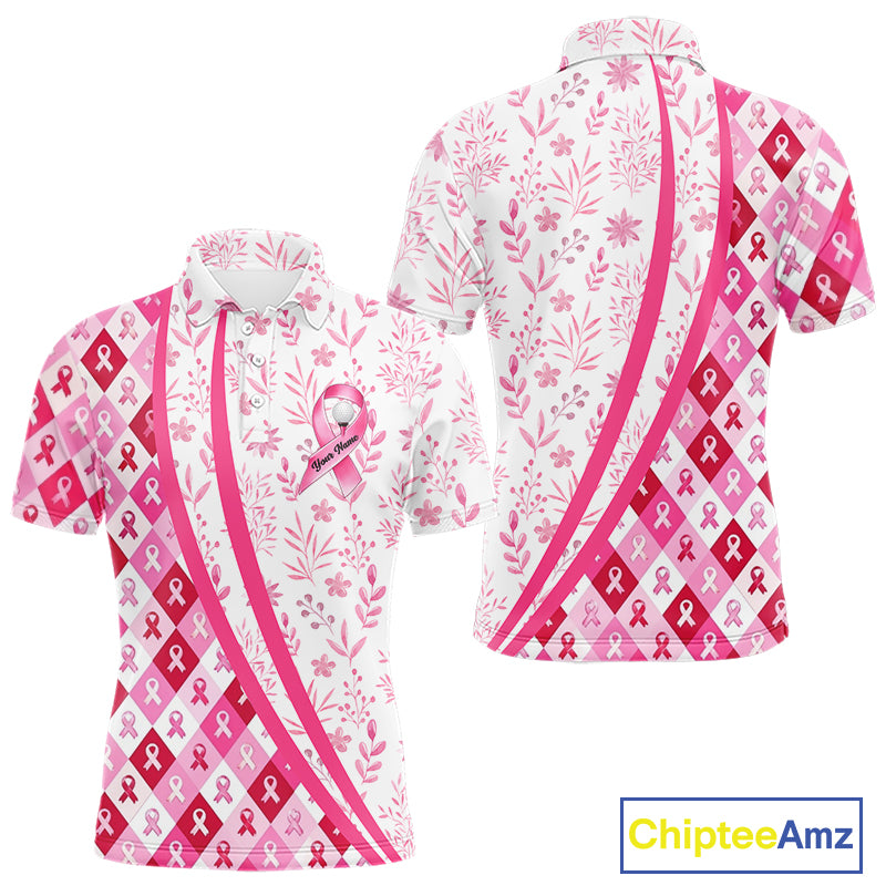 Pink Plaid Mens Golf Polo Shirt Custom Pink Ribbon Breast Cancer Awareness Team Golf Tops, Golf Gifts NHN0164