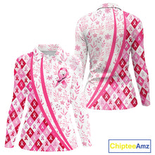 Load image into Gallery viewer, Plaid Womens Long Sleeve Golf Polo Shirt Custom Pink Ribbon Breast Cancer Awareness Team Golf Tops NHN0164