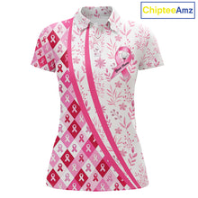 Load image into Gallery viewer, Pink Plaid Womens Golf Polo Shirt Custom Pink Ribbon Breast Cancer Awareness Team Golf Tops NHN0164