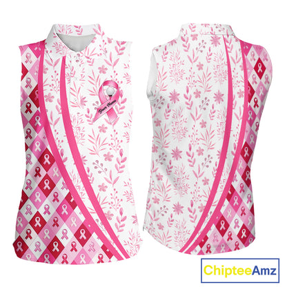 Pink Plaid Womens Sleeveless Golf Polo Shirt Custom Pink Ribbon Breast Cancer Awareness Team Golf Tops NHN0164