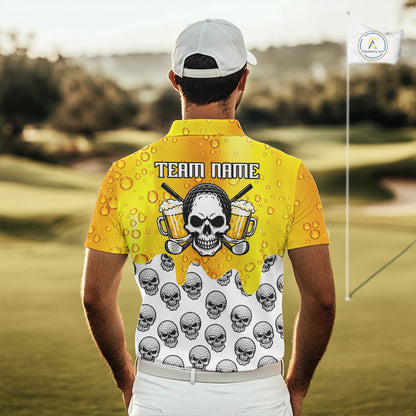 Beer Skull Mens Golf Polo Shirt Custom Name Funny Team Golf Tops For Men, Golfer Gifts NHN0166
