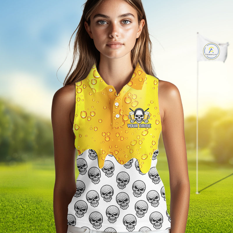 Beer Skull Womens Sleeveless Golf Polo Shirt Custom Name Funny Team Golf Tops For Ladies, Golfer Gifts NHN0166
