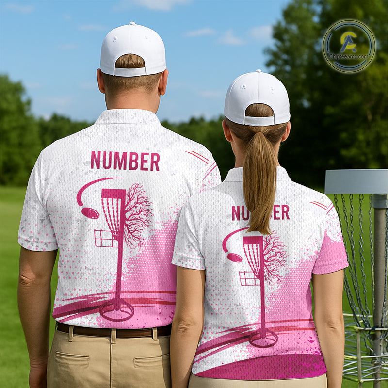 Pink Disc Golf Basket Mens Quarter Zip Polo Shirt Custom Name & Number Team Disc Golf Shirt NHN0035
