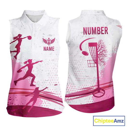 Pink Disc Golf Basket Womens Sleeveless Polo Shirt Custom Name & Number Team Disc Golf Shirt NHN0035