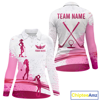 Womens Golf Polo Shirts Pink White Custom Name Long Sleeve Golf Shirts For Women Golf Ball Gifts NHN0037