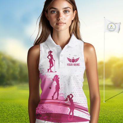 Pink White Womens Golf Polo Shirts Custom Name Golf Shirts For Women Sleeveless Personalized Golf Ball Gifts NHN0037