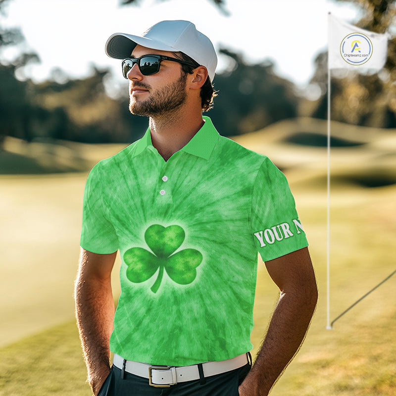 Green Tie Dye Mens Golf Polo Shirt Custom Name Green Clover St Patrick Day Golf Tops, Golf Gifts NHN0168