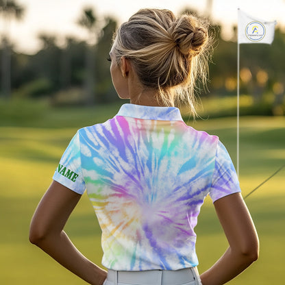 Colorful Pastel Tie Dye Womens Golf Polo Shirt Custom Green Clover St Patrick Day Golf Tops, Golf Gift NHN0169