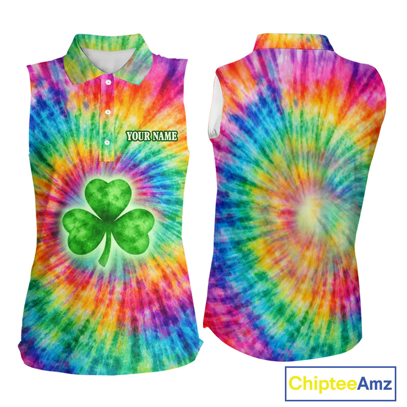 Colorful Tie Dye Womens Sleeveless Golf Polo Shirt Custom Green Clover St Patrick Day Golf Tops NHN0170
