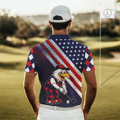 Funny American Flag Eagle Mens Golf Polo Shirts Patriotic Red & Blue Argyle Pattern Golf Ball Custom NHN0044
