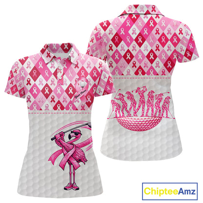Womens Golf Polo Shirt Custom Pink Flamingo Ribbon Argyle Pattern, Breast Cancer Awareness Golf Tops NHN0177