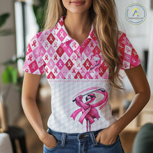 Load image into Gallery viewer, Womens Golf Polo Shirt Custom Pink Flamingo Ribbon Argyle Pattern, Breast Cancer Awareness Golf Tops NHN0177