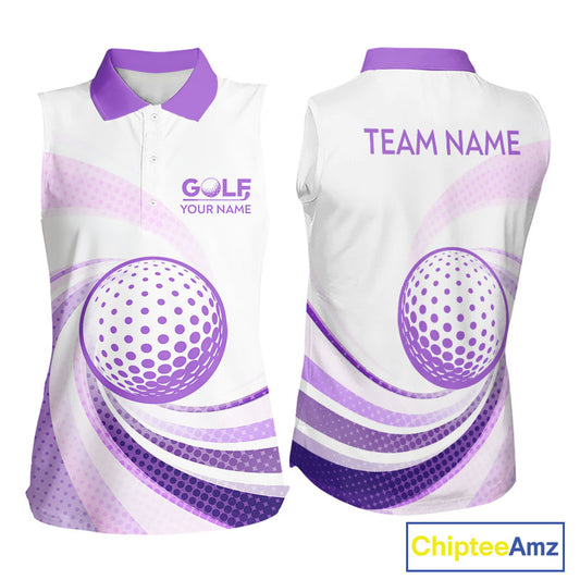 Purple And White Womens Sleeveless Golf Polo Shirt Custom Name Golf Shirt For Ladies Personalized NHN0053