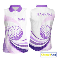 Load image into Gallery viewer, Purple And White Womens Sleeveless Golf Polo Shirt Custom Name Golf Shirt For Ladies Personalized NHN0053