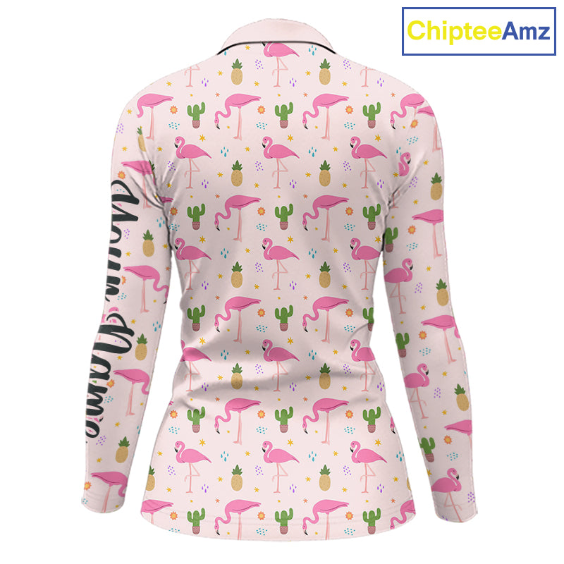 Tropical Pink Flamingo Pattern Womens Long Sleeve Golf Polo Shirts Custom Funny Team Ladies Golf Tops NHN0184