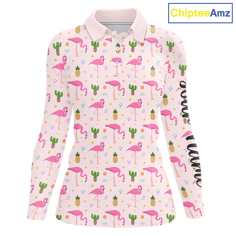 Tropical Pink Flamingo Pattern Womens Long Sleeve Golf Polo Shirts Custom Funny Team Ladies Golf Tops NHN0184