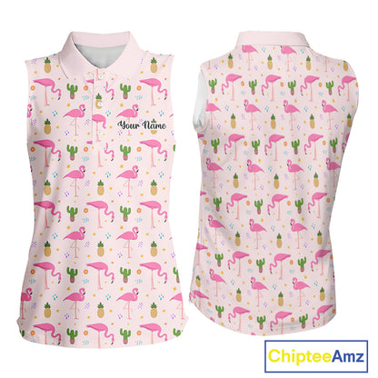 Desert Pink Flamingo Pattern Womens Sleeveless Golf Polo Shirts Custom Funny Team Ladies Golf Tops NHN0184