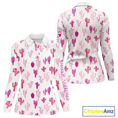 Funny Pink Cactus Pattern Womens Long Sleeve Golf Polo Shirts Custom Cactus Ladies Golf Attire NHN0185
