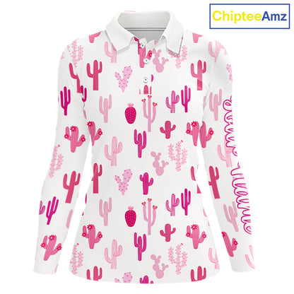 Funny Pink Cactus Pattern Womens Long Sleeve Golf Polo Shirts Custom Cactus Ladies Golf Attire NHN0185