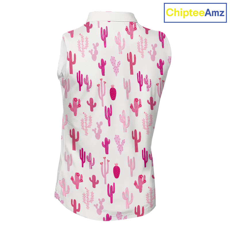 Funny Pink Cactus Pattern Womens Sleeveless Golf Polo Shirts Custom Cactus Ladies Golf Attire, Golf Gift NHN0185
