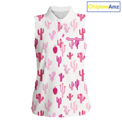 Funny Pink Cactus Pattern Womens Sleeveless Golf Polo Shirts Custom Cactus Ladies Golf Attire, Golf Gift NHN0185