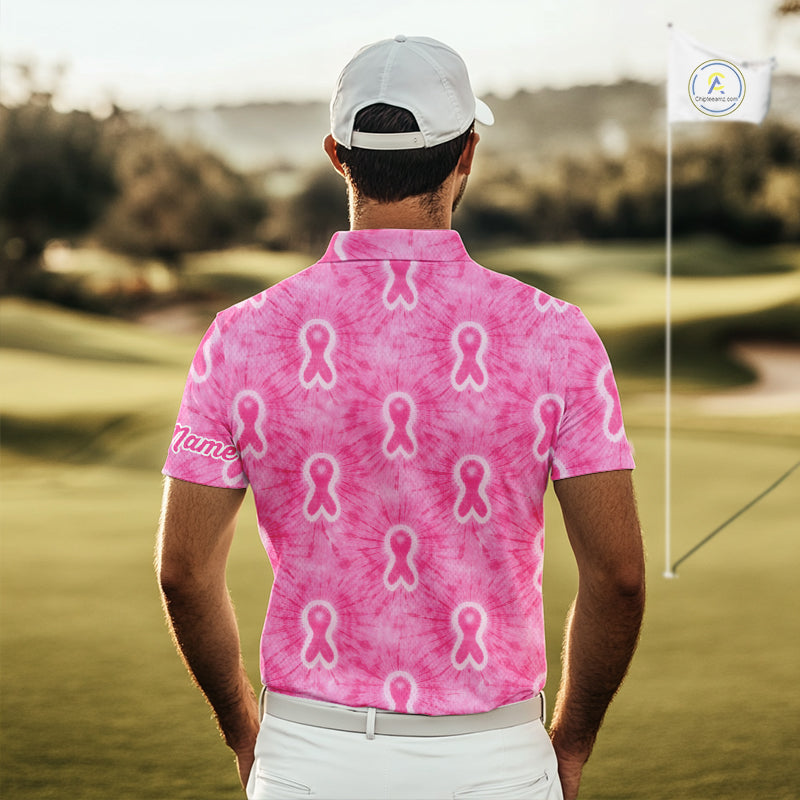 Pink Breast Cancer Golf Shirt Custom Name Tie Dye Mens Golf Polo Shirt Personalized Golf Gifts NHN0188