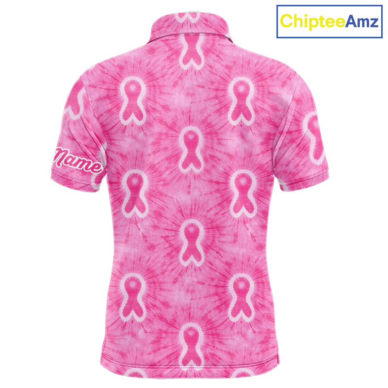 Pink Breast Cancer Golf Shirt Custom Name Tie Dye Mens Golf Polo Shirt Personalized Golf Gifts NHN0188