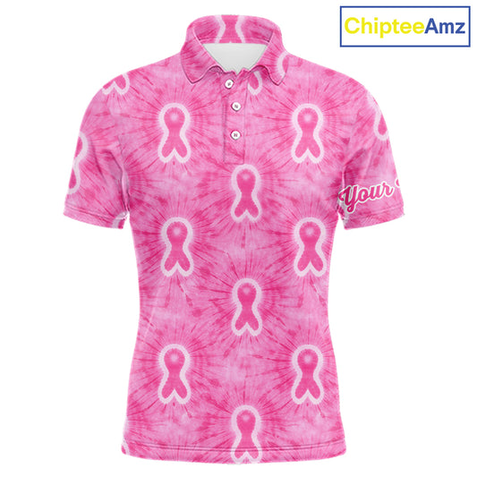 Pink Breast Cancer Golf Shirt Custom Name Tie Dye Mens Golf Polo Shirt Personalized Golf Gifts NHN0188
