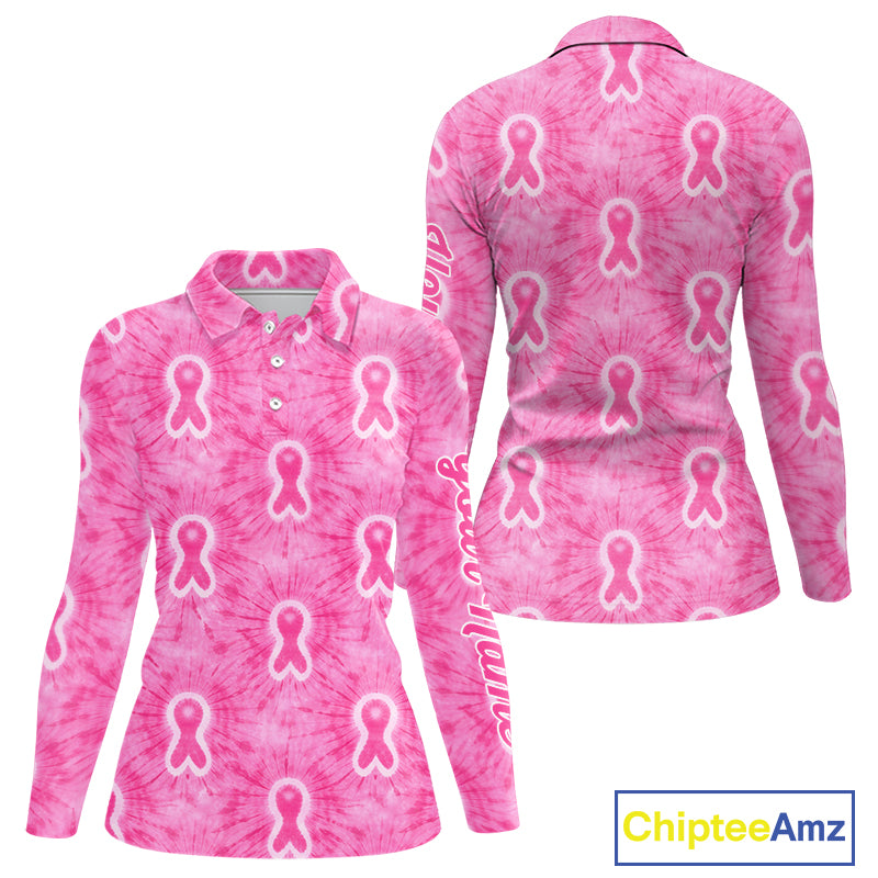 Pink Breast Cancer Golf Shirt Custom Tie Dye Womens Long Sleeve Golf Polo Shirt, Pink Golf Gifts NHN0188