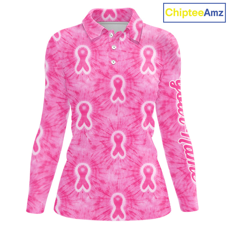 Pink Breast Cancer Golf Shirt Custom Tie Dye Womens Long Sleeve Golf Polo Shirt, Pink Golf Gifts NHN0188